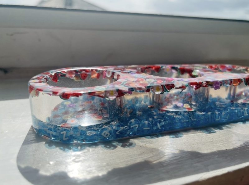 Handmade Triple Tealight Holder with Clear Resin and Blue Letters