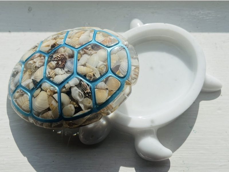 Handmade White Resin Turtle Trinket Box with Shell Detail