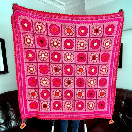 Handmade Floral Crochet Granny Square Blanket with Tassels