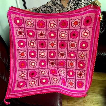 Handmade Floral Crochet Granny Square Blanket with Tassels