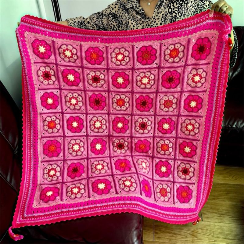 Handmade Floral Crochet Granny Square Blanket with Tassels