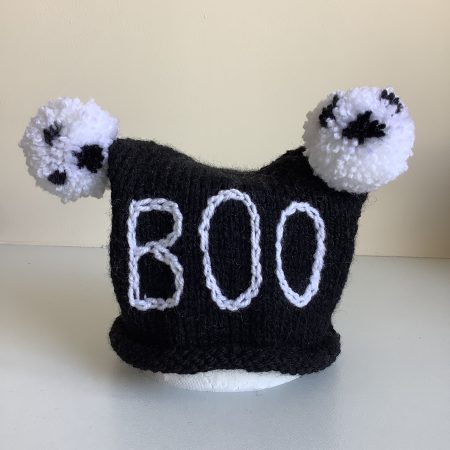 Black & white hand knitted spooky baby hat sizes from 0-18 months