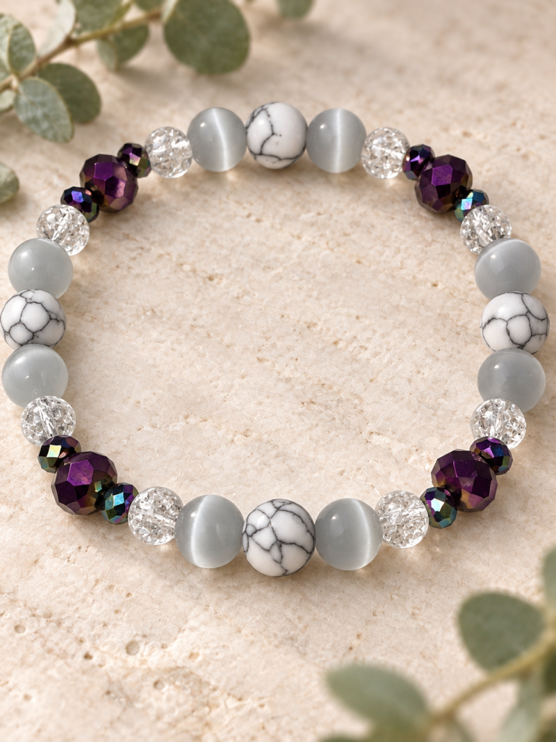 Howlite, Crackled Quartz, White Cats Eye, and Purple Austrian Crystal Bracelet