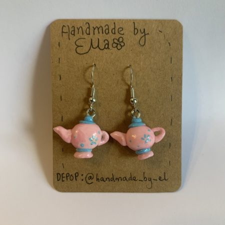 Hand-sculpted and painted pink and blue teapot earrings with stainless steel hooks