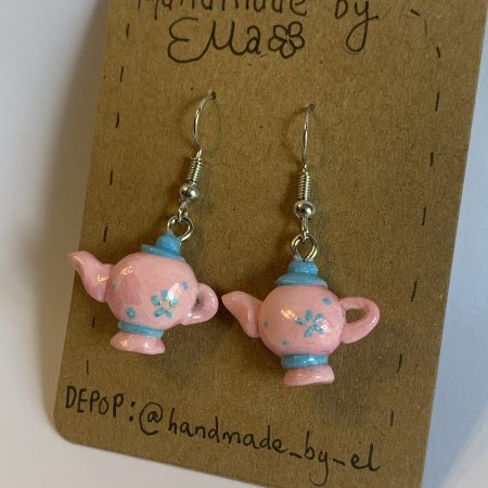 Hand-sculpted and painted pink and blue teapot earrings with stainless steel hooks