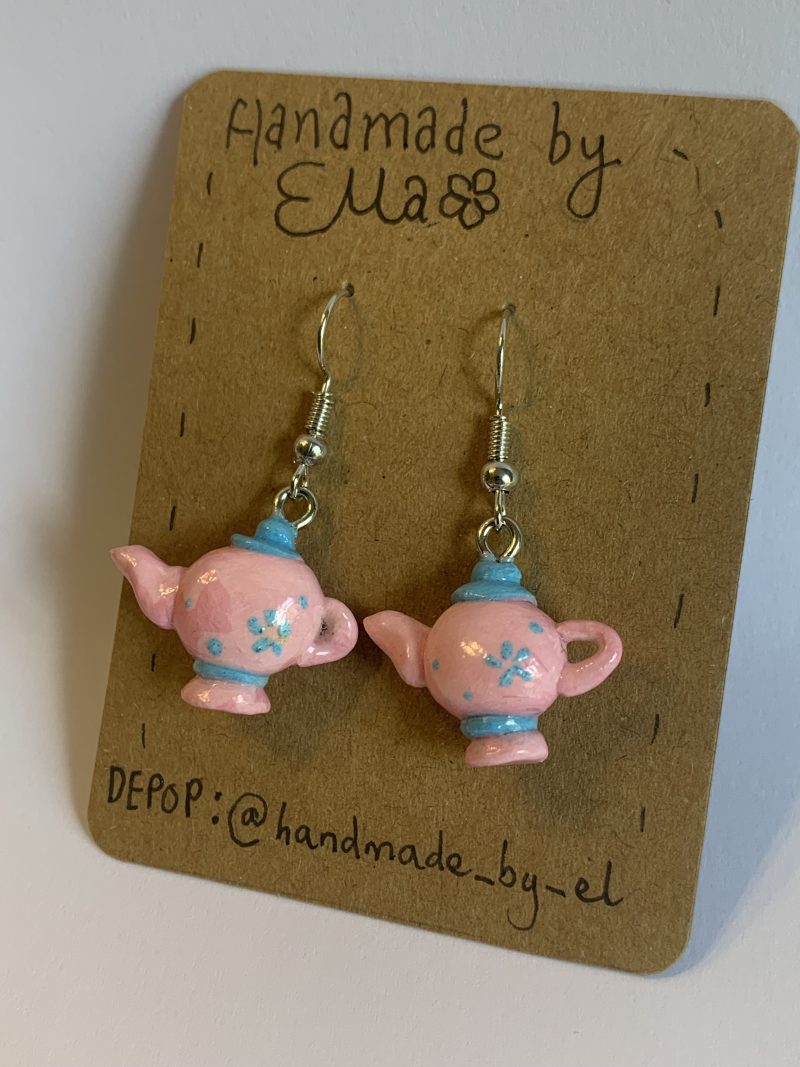 Hand-sculpted and painted pink and blue teapot earrings with stainless steel hooks