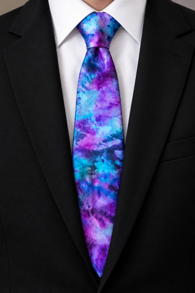 Pure Silk Unisex Hand Dyed Tie in Purple, Turquoise, Black and Blue. Perfect For Any Formal Outfit