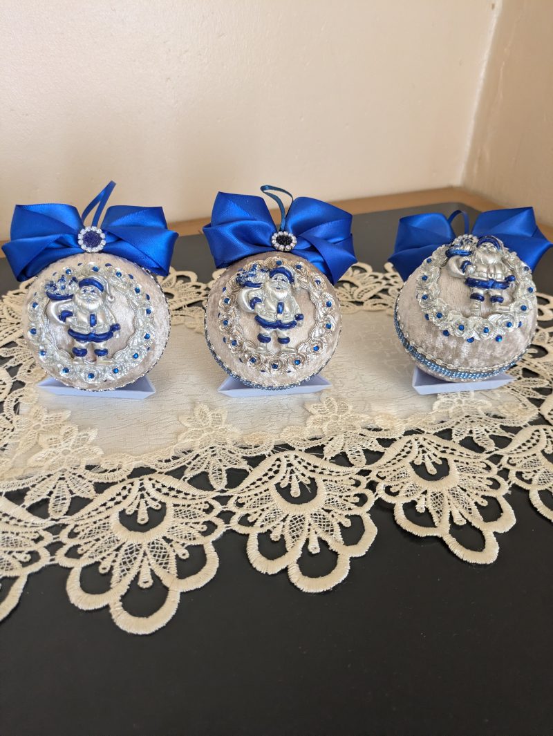 Set of 3 big beige hand made christmas bauble