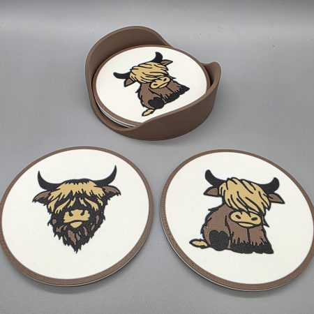 Highland Cow Coaster Set - 4 x Coasters with holder.