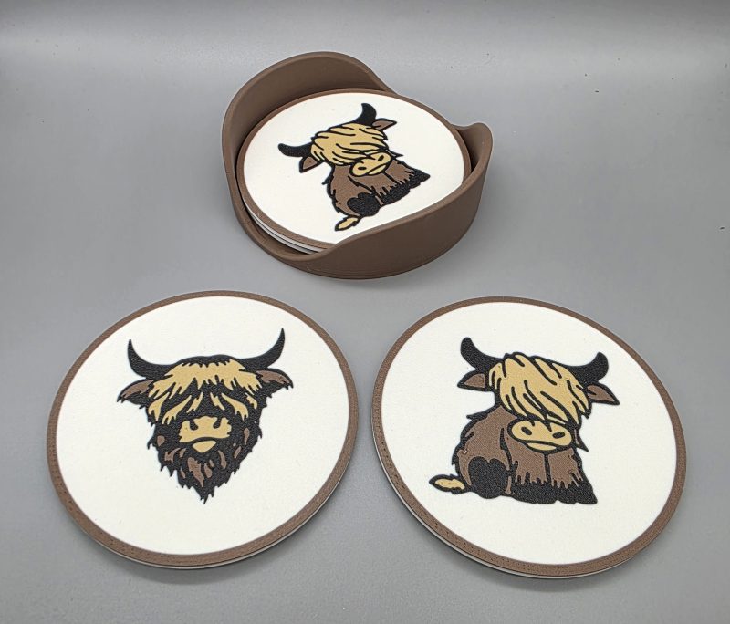 Highland Cow Coaster Set - 4 x Coasters with holder.
