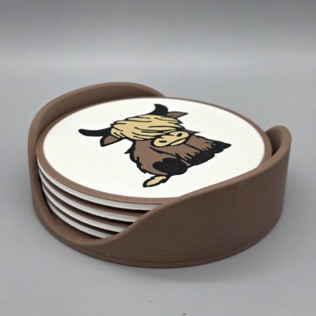 Highland Cow Coaster Set - 4 x Coasters with holder.