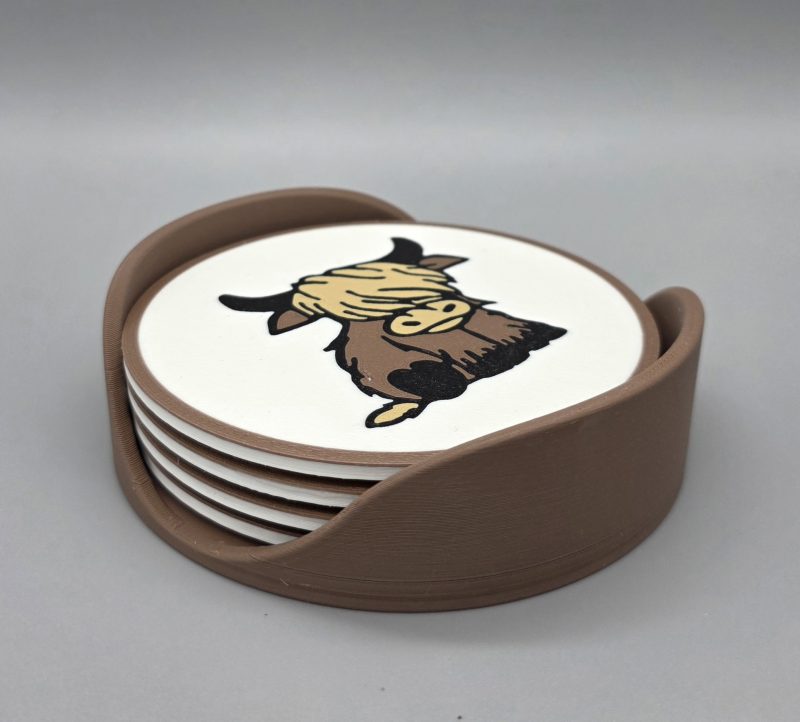 Highland Cow Coaster Set - 4 x Coasters with holder.