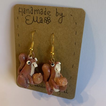 Hand-sculpted and painted red squirrels and acorns earrings with stainless steel hooks