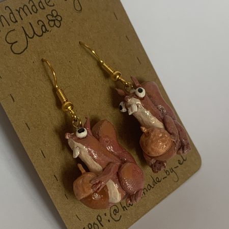 Hand-sculpted and painted red squirrels and acorns earrings with stainless steel hooks