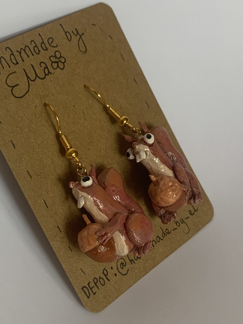 Hand-sculpted and painted red squirrels and acorns earrings with stainless steel hooks