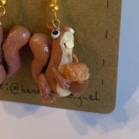 Hand-sculpted and painted red squirrels and acorns earrings with stainless steel hooks
