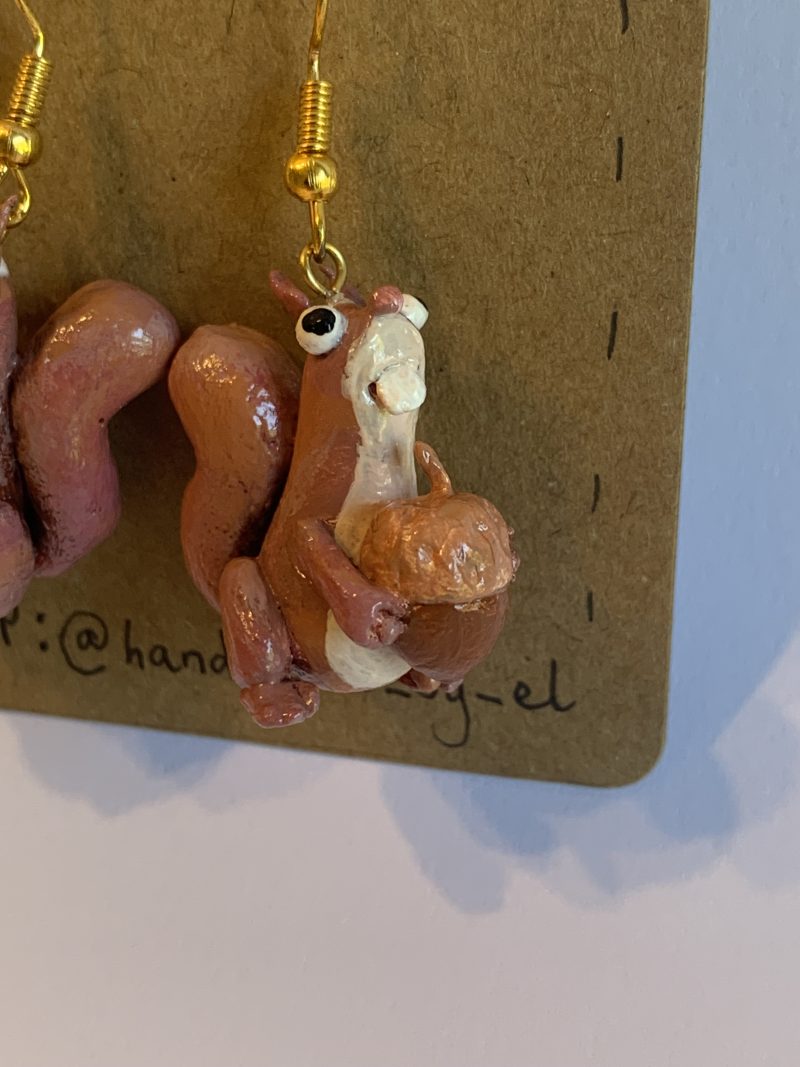 Hand-sculpted and painted red squirrels and acorns earrings with stainless steel hooks
