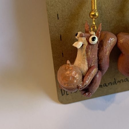 Hand-sculpted and painted red squirrels and acorns earrings with stainless steel hooks