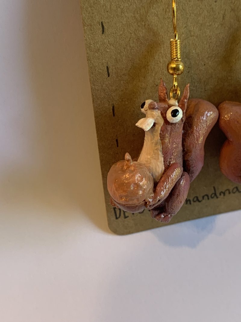 Hand-sculpted and painted red squirrels and acorns earrings with stainless steel hooks