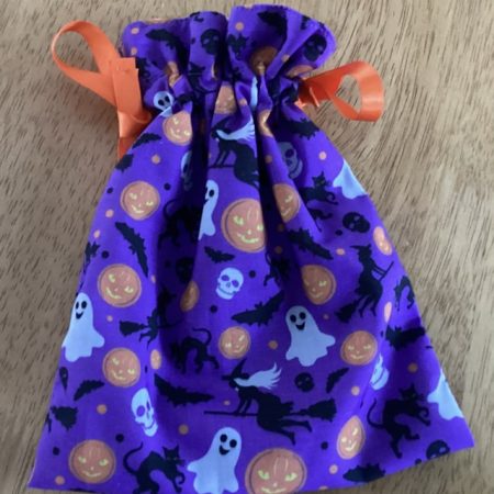 Small Purple Fabric Halloween Party Bag/Trick n Treat Bag & Orange Ribbon Ties