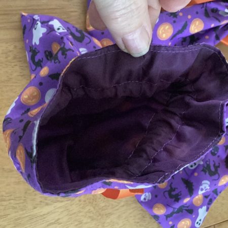 Small Purple Fabric Halloween Party Bag/Trick n Treat Bag & Orange Ribbon Ties