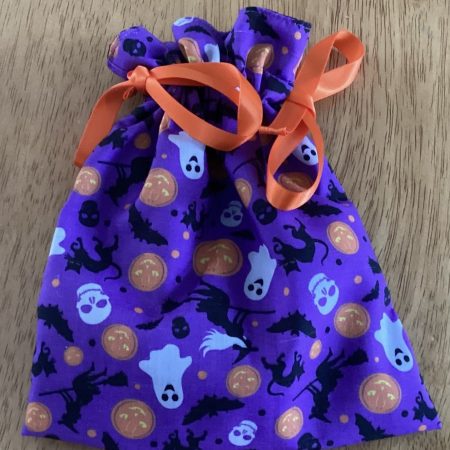Small Purple Fabric Halloween Party Bag/Trick n Treat Bag & Orange Ribbon Ties
