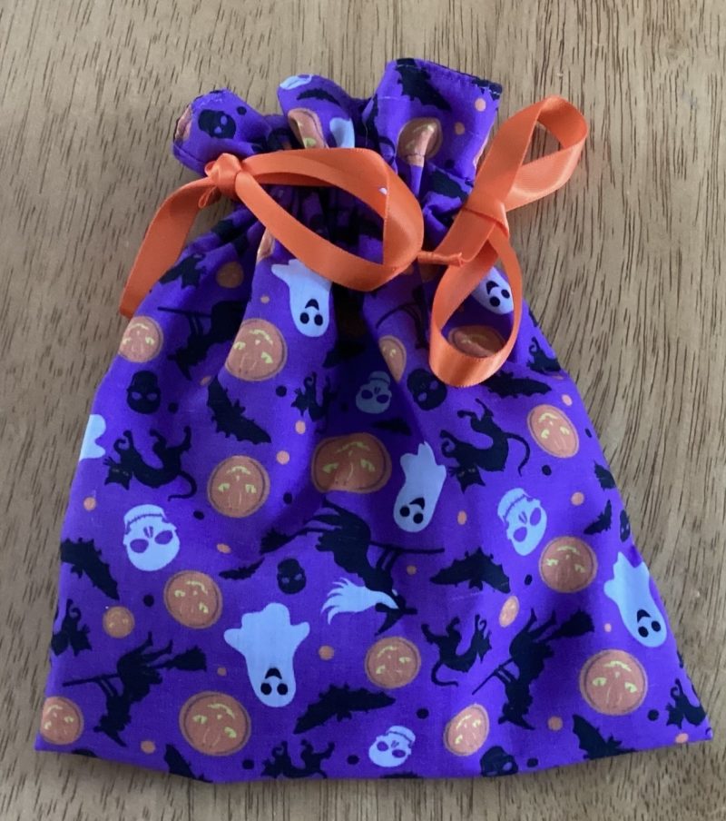 Small Purple Fabric Halloween Party Bag/Trick n Treat Bag & Orange Ribbon Ties