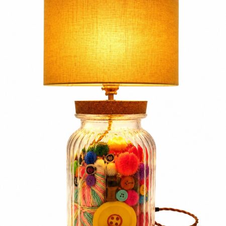 Handmade Ribbed Glass Vase Lamp with Vintage Sewing Treasures – Cork Lid, Brass Fittings