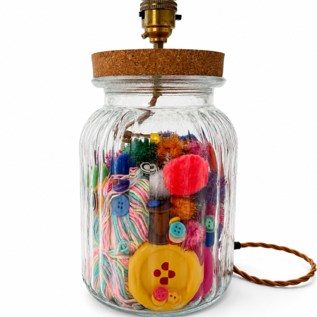 Handmade Ribbed Glass Vase Lamp with Vintage Sewing Treasures – Cork Lid, Brass Fittings