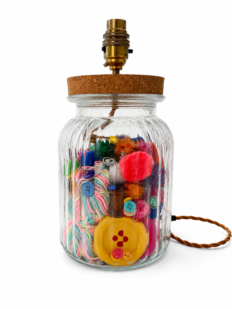 Handmade Ribbed Glass Vase Lamp with Vintage Sewing Treasures – Cork Lid, Brass Fittings