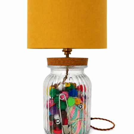 Handmade Ribbed Glass Vase Lamp with Vintage Sewing Treasures – Cork Lid, Brass Fittings