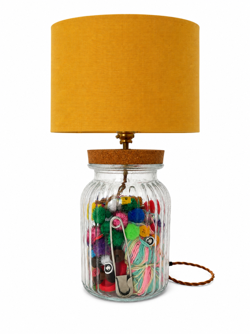 Handmade Ribbed Glass Vase Lamp with Vintage Sewing Treasures – Cork Lid, Brass Fittings