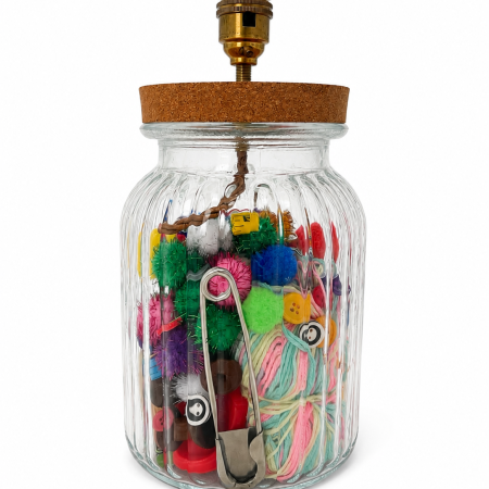 Handmade Ribbed Glass Vase Lamp with Vintage Sewing Treasures – Cork Lid, Brass Fittings