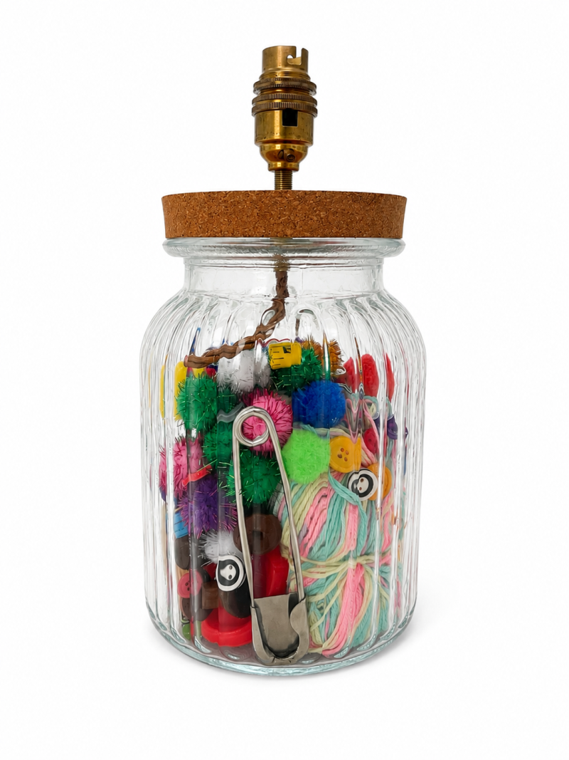 Handmade Ribbed Glass Vase Lamp with Vintage Sewing Treasures – Cork Lid, Brass Fittings