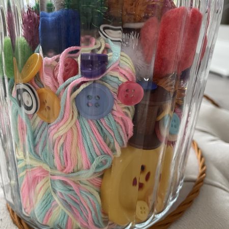 Handmade Ribbed Glass Vase Lamp with Vintage Sewing Treasures – Cork Lid, Brass Fittings