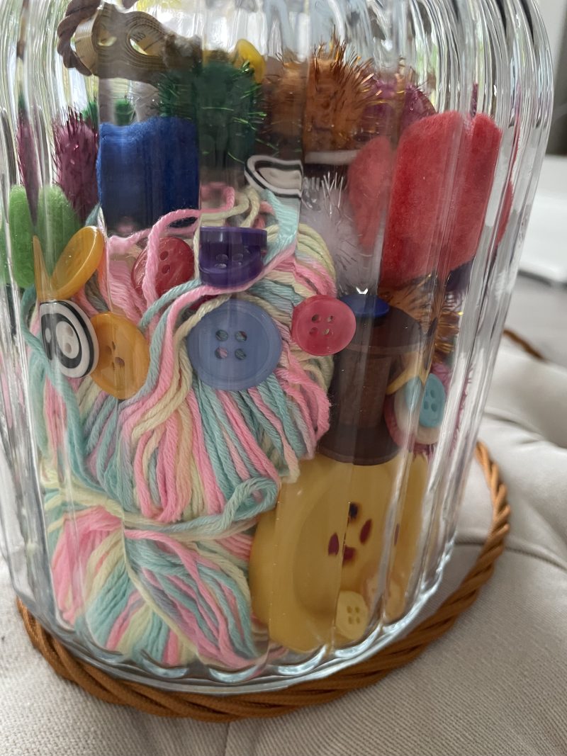 Handmade Ribbed Glass Vase Lamp with Vintage Sewing Treasures – Cork Lid, Brass Fittings