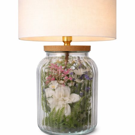 Handmade Spring Flower Table Lamp | Ribbed Vase, Daisys, Fern, Gerbera , Brass Fitting, Cork Base