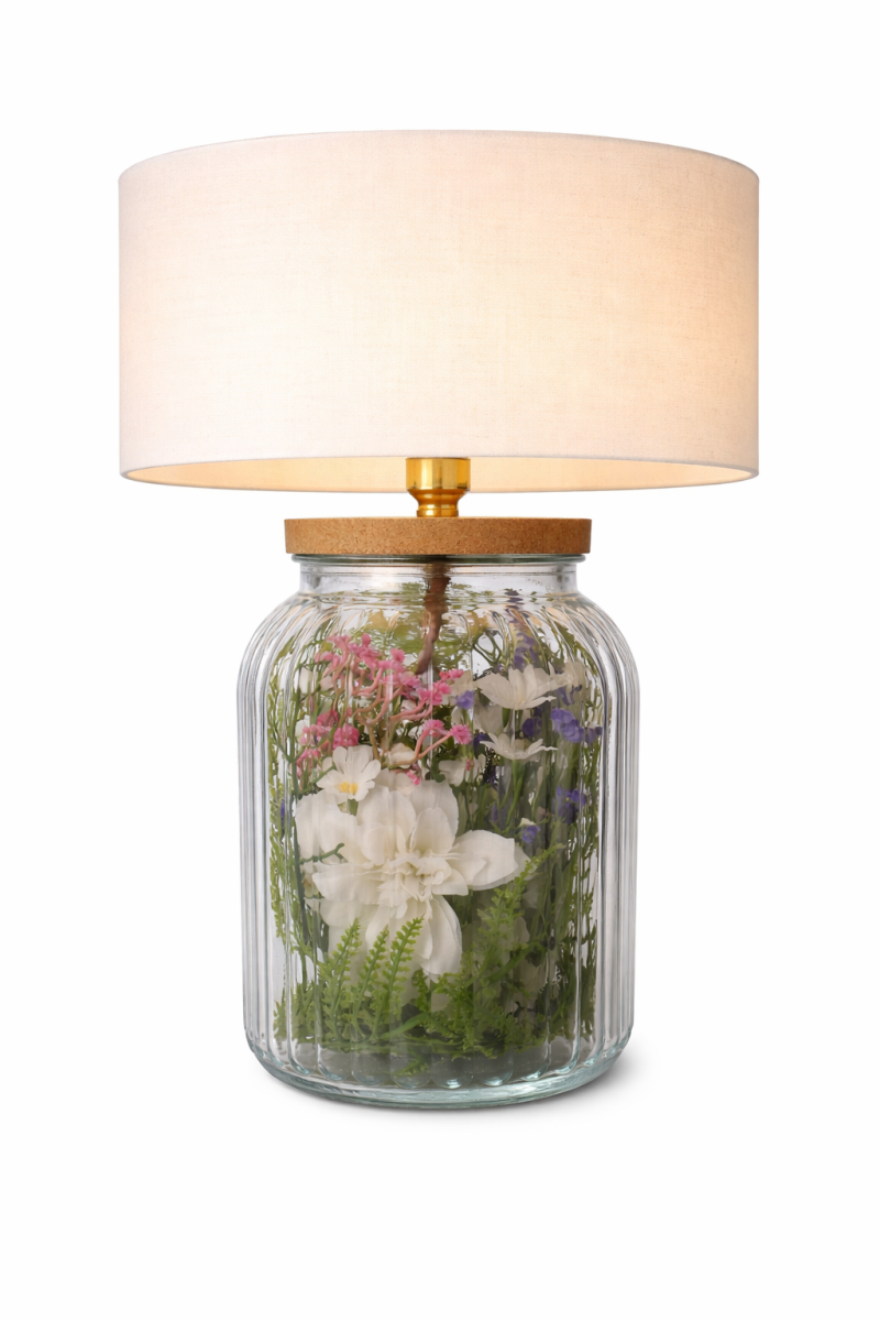 Handmade Spring Flower Table Lamp | Ribbed Vase, Daisys, Fern, Gerbera , Brass Fitting, Cork Base