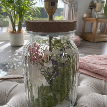 Handmade Spring Flower Table Lamp | Ribbed Vase, Daisys, Fern, Gerbera , Brass Fitting, Cork Base