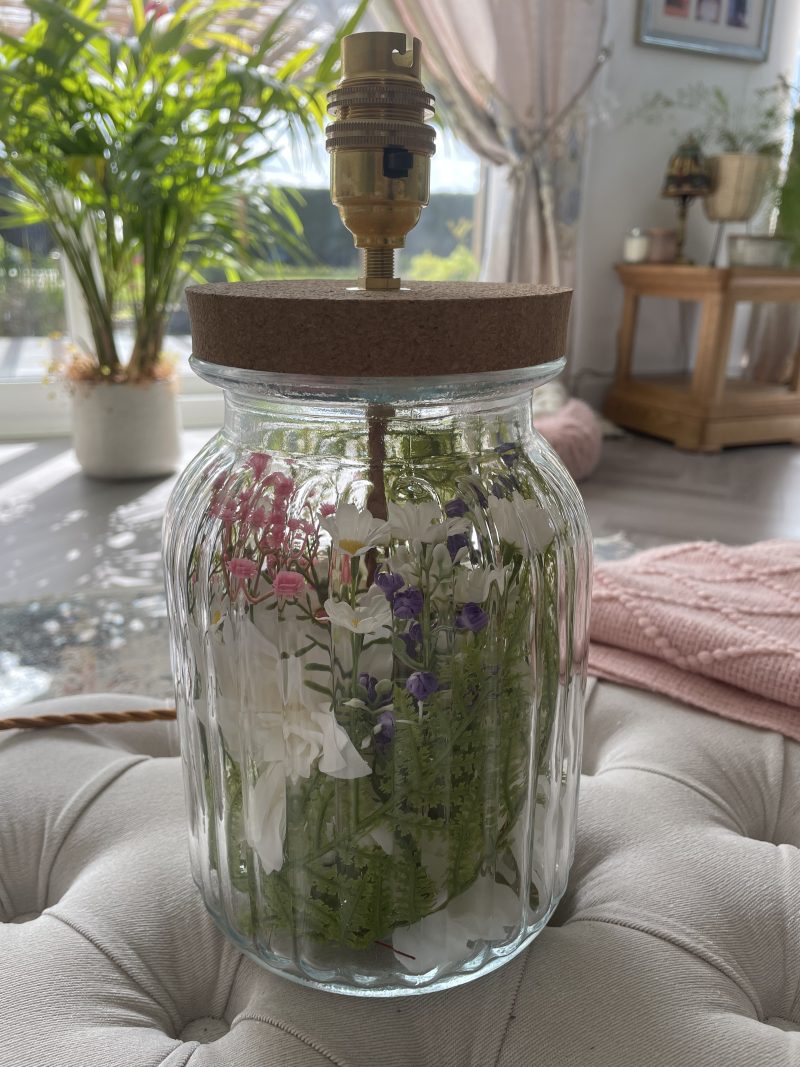 Handmade Spring Flower Table Lamp | Ribbed Vase, Daisys, Fern, Gerbera , Brass Fitting, Cork Base