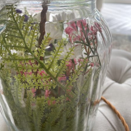 Handmade Spring Flower Table Lamp | Ribbed Vase, Daisys, Fern, Gerbera , Brass Fitting, Cork Base
