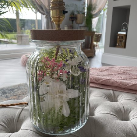 Handmade Spring Flower Table Lamp | Ribbed Vase, Daisys, Fern, Gerbera , Brass Fitting, Cork Base