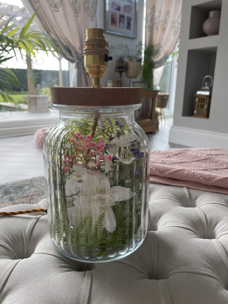 Handmade Spring Flower Table Lamp | Ribbed Vase, Daisys, Fern, Gerbera , Brass Fitting, Cork Base
