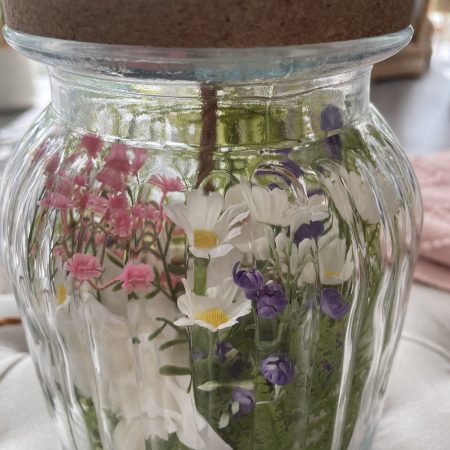 Handmade Spring Flower Table Lamp | Ribbed Vase, Daisys, Fern, Gerbera , Brass Fitting, Cork Base