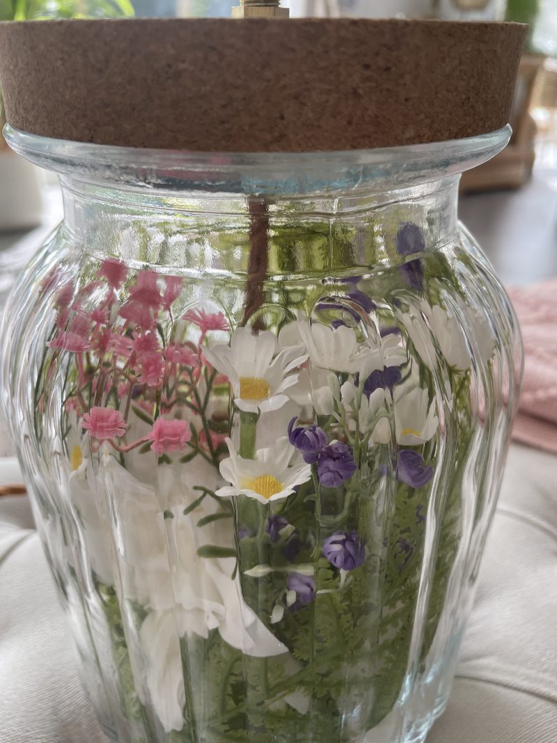 Handmade Spring Flower Table Lamp | Ribbed Vase, Daisys, Fern, Gerbera , Brass Fitting, Cork Base