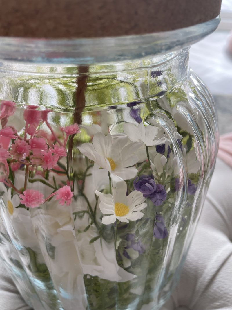 Handmade Spring Flower Table Lamp | Ribbed Vase, Daisys, Fern, Gerbera , Brass Fitting, Cork Base