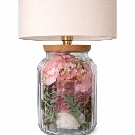 Handmade Floral Table Lamp | Ribbed Vase, Pink Peony Hydrangea, Brass Fitting, Cork Base, Cottagecore Decor