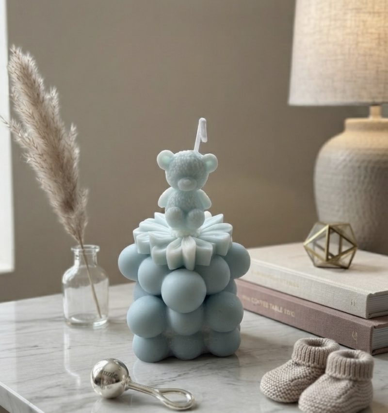 Handmade Teddy Bear Bubble Candle | Baby Shower Keepsake (Soy Wax)