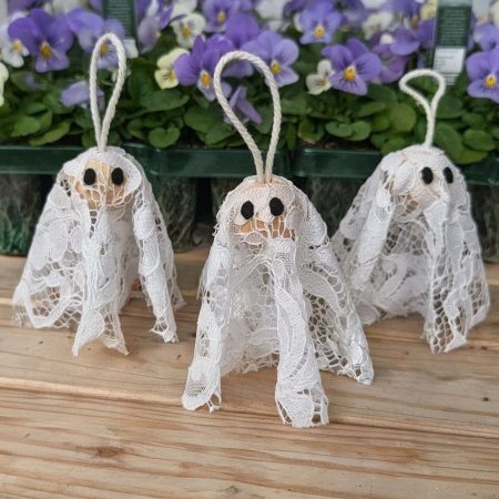Set of 3 Handmade Hanging Ghost Decorations with Lace and Wooden Beads