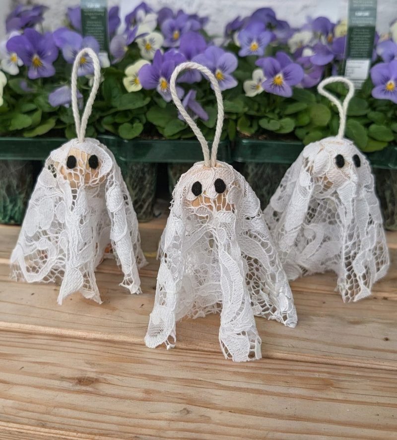 Set of 3 Handmade Hanging Ghost Decorations with Lace and Wooden Beads